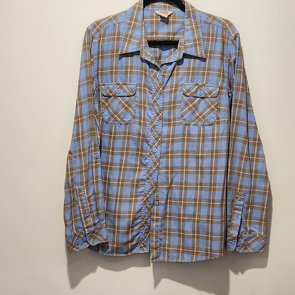 Duluth Trading Co Blue and Brown Button Down Shirt